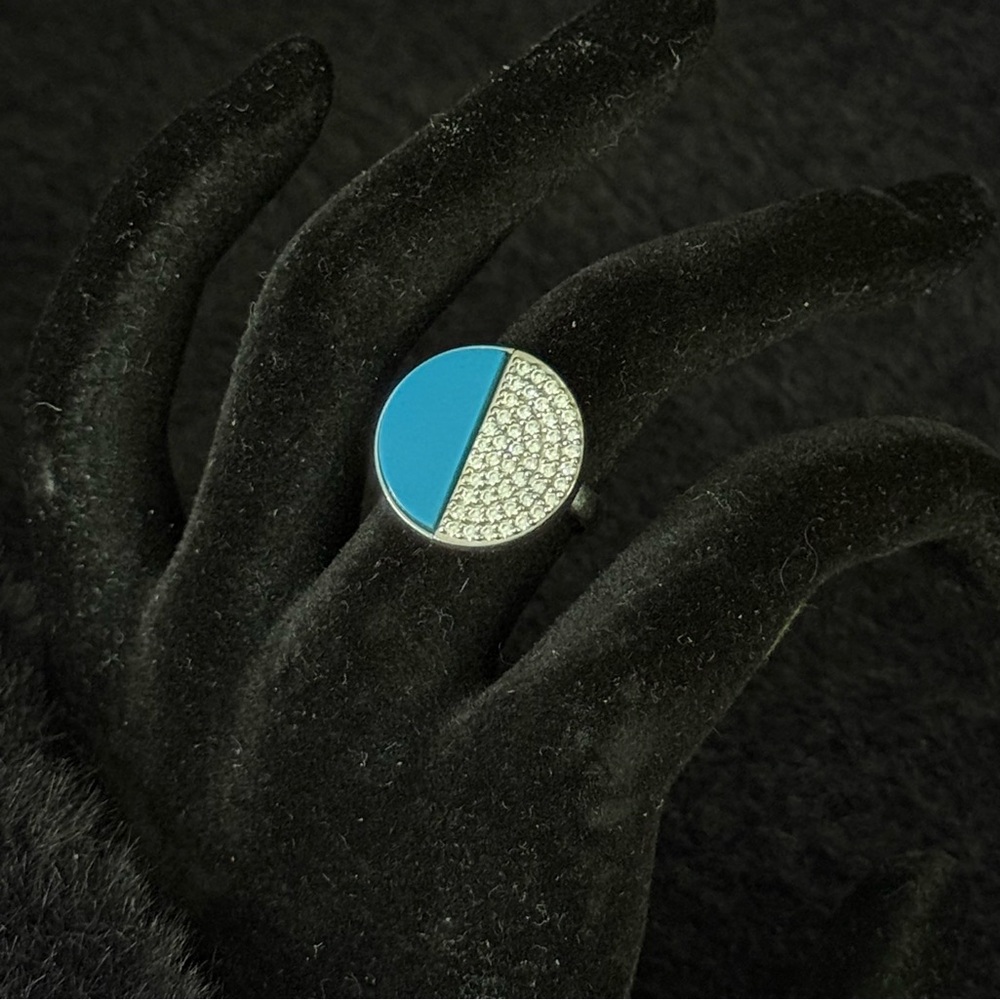 🆕 New Sterling Silver Turquoise Half Moon CZ Crystal Ring